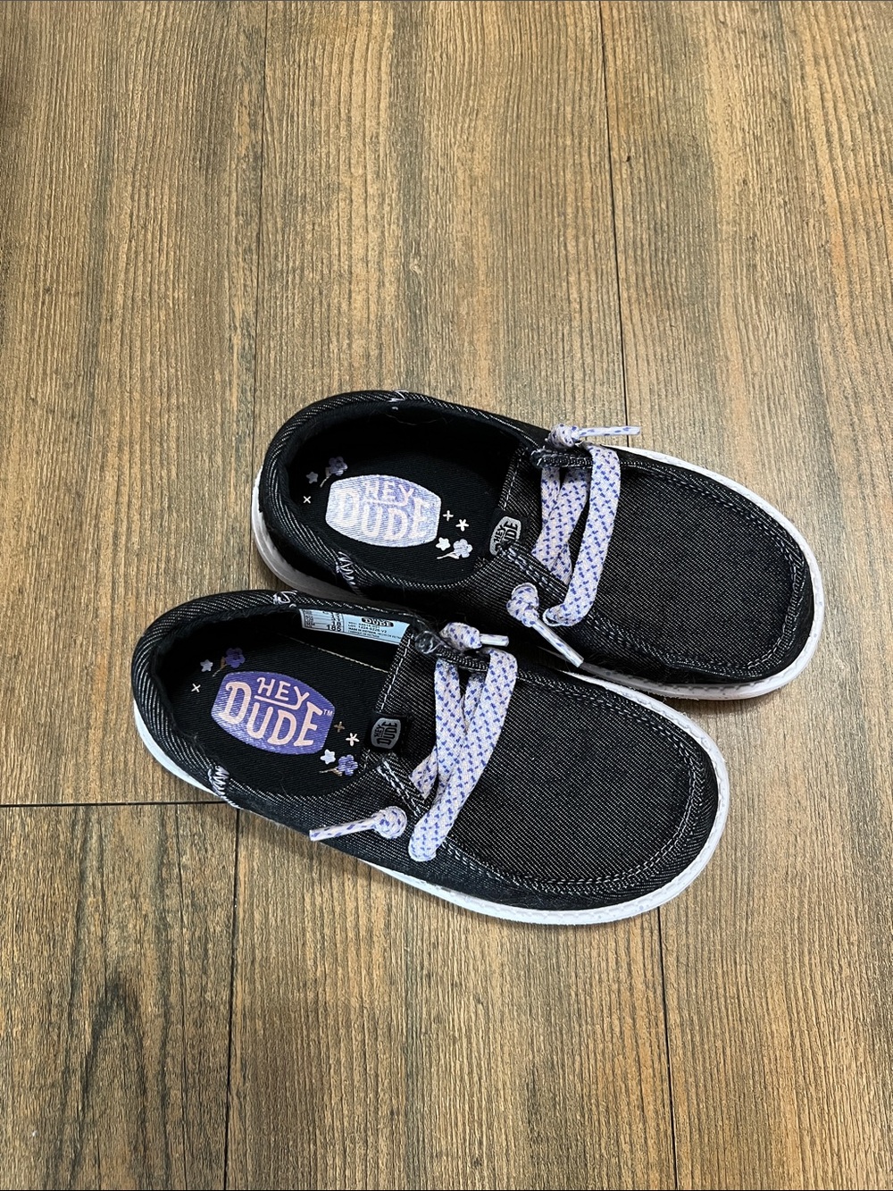 Hey Dude Kids Black Canvas Sneakers with Lavender Accent Laces